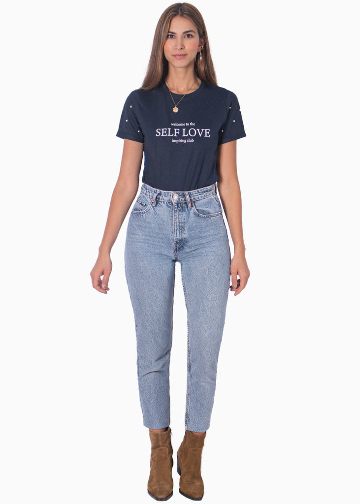 Camiseta con estampado "Self love" y perlas en mangas color azul para mujer - Flashy