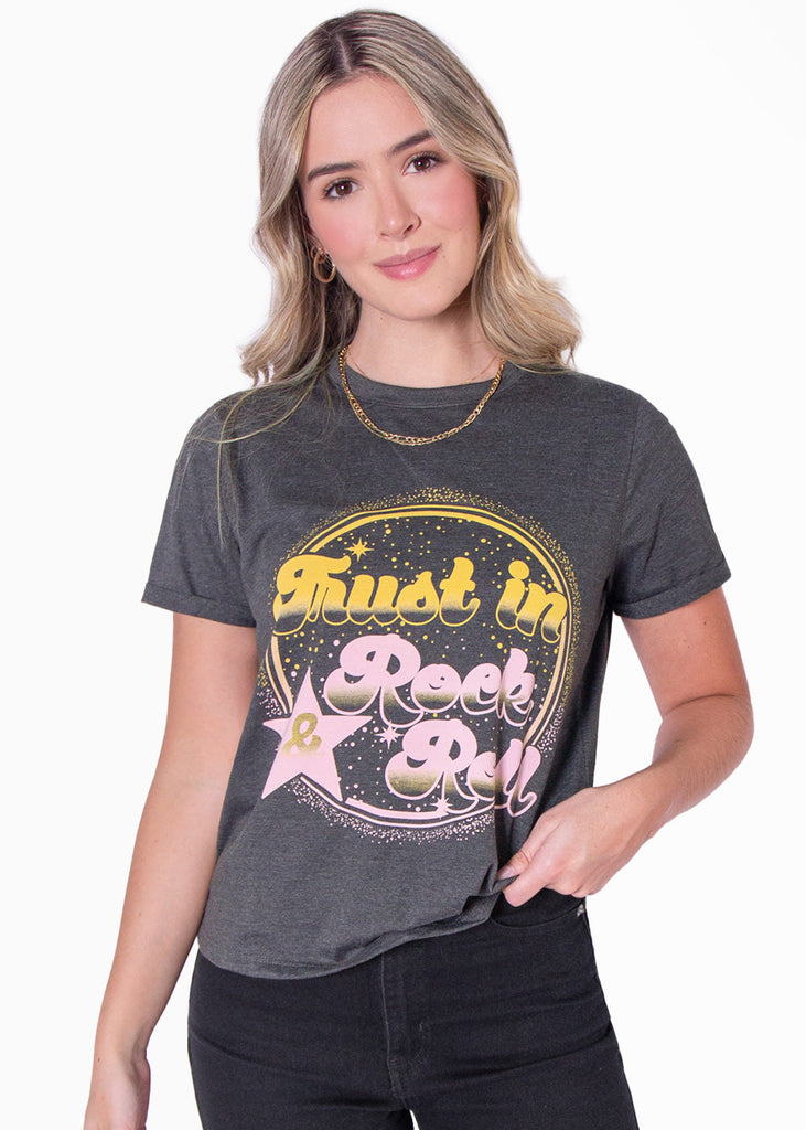 Camiseta con estampado "Trust in rock & roll" color gris para mujer - Flashy