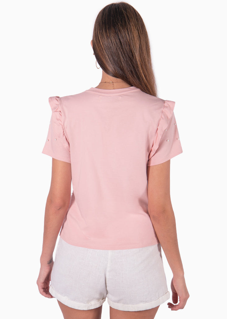 Camiseta con perlas y boleros en mangas color rosado para mujer - Flashy