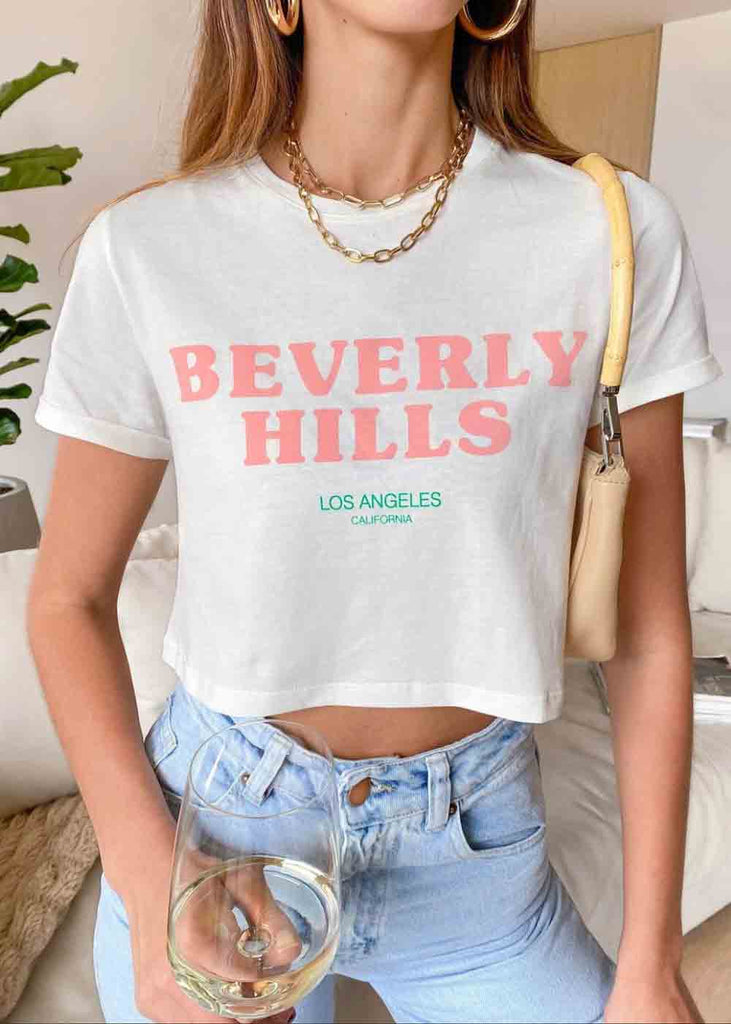 Camiseta corta con estampado "Beverly hills" color blanco para mujer - Flashy