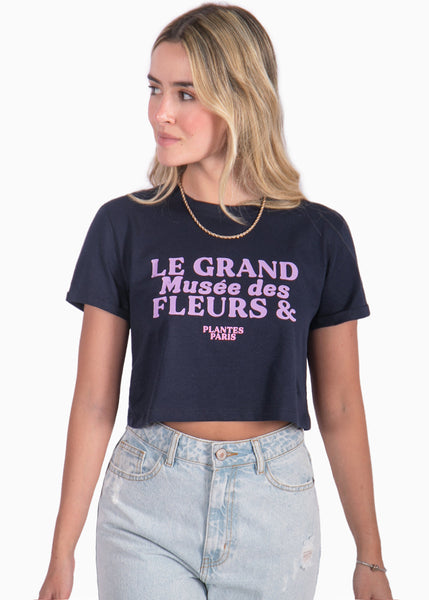 Camiseta corta con estampado de "Le grand museé des fleurs & plants" color azul para mujer - Flashy
