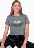 Camiseta corta con estampado "Paradise" y alas color gris para mujer - Flashy