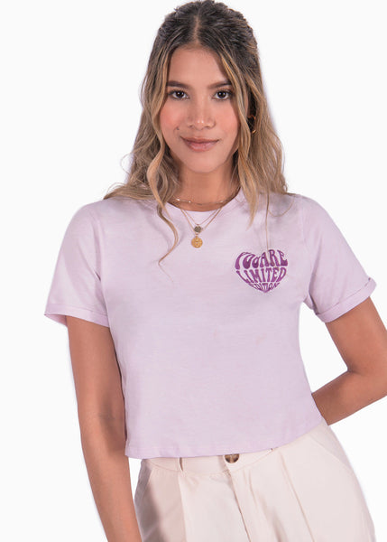 Camiseta corta cuello redondo con bordado color morado, lila para mujer - Flashy