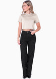 Camiseta crop con apliques de piedras brillantes color beige para mujer - Flashy
