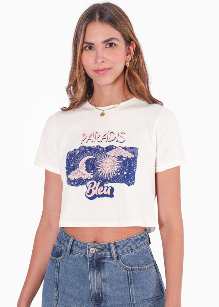 Camiseta crop con estampado "Paradis bleu" color blanco, marfil para mujer - Flashy