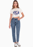 Camiseta crop con estampado "Paradis bleu" color blanco, marfil para mujer - Flashy