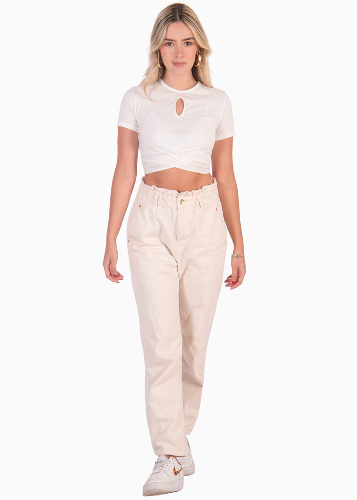 Camiseta crop manga corta con frente entorchado color blanco para mujer - Flashy