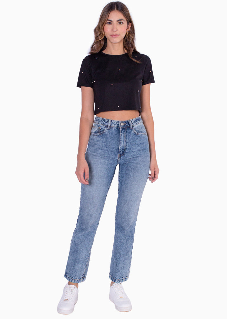 Camiseta crop manga corta con perlas color negro para mujer - Flashy