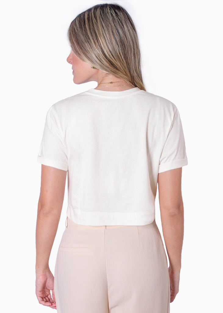 Camiseta crop manga corta color marfil para mujer - Flashy