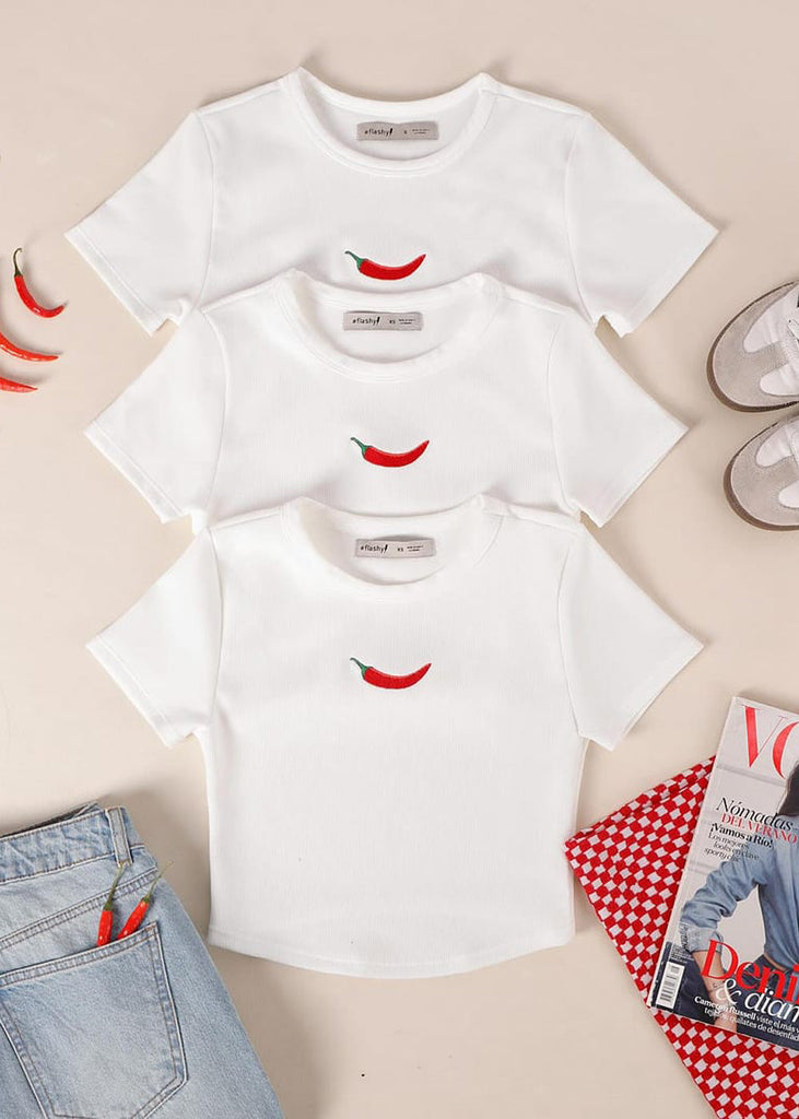 Camiseta crop y bordado color blanco, marfil para mujer - Flashy