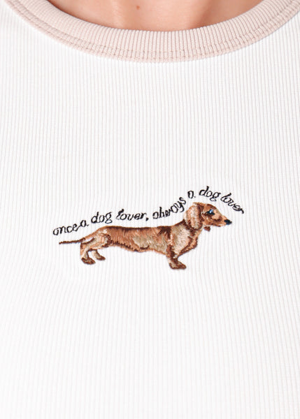 Camiseta en contraste con bordado de perro color marfil, blanco para mujer - Flashy