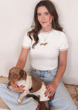 Camiseta en contraste con bordado de perro color marfil, blanco para mujer - Flashy