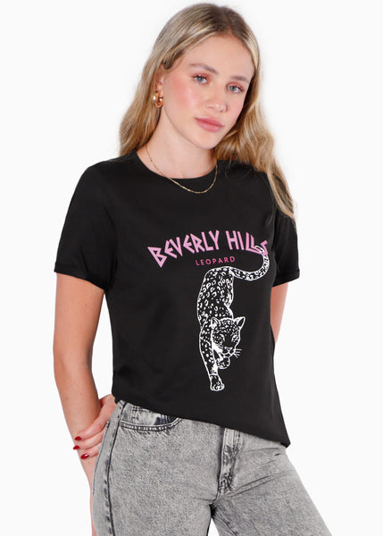 Camiseta estampada "Beverly Hills leopard" color negro para mujer - Flashy