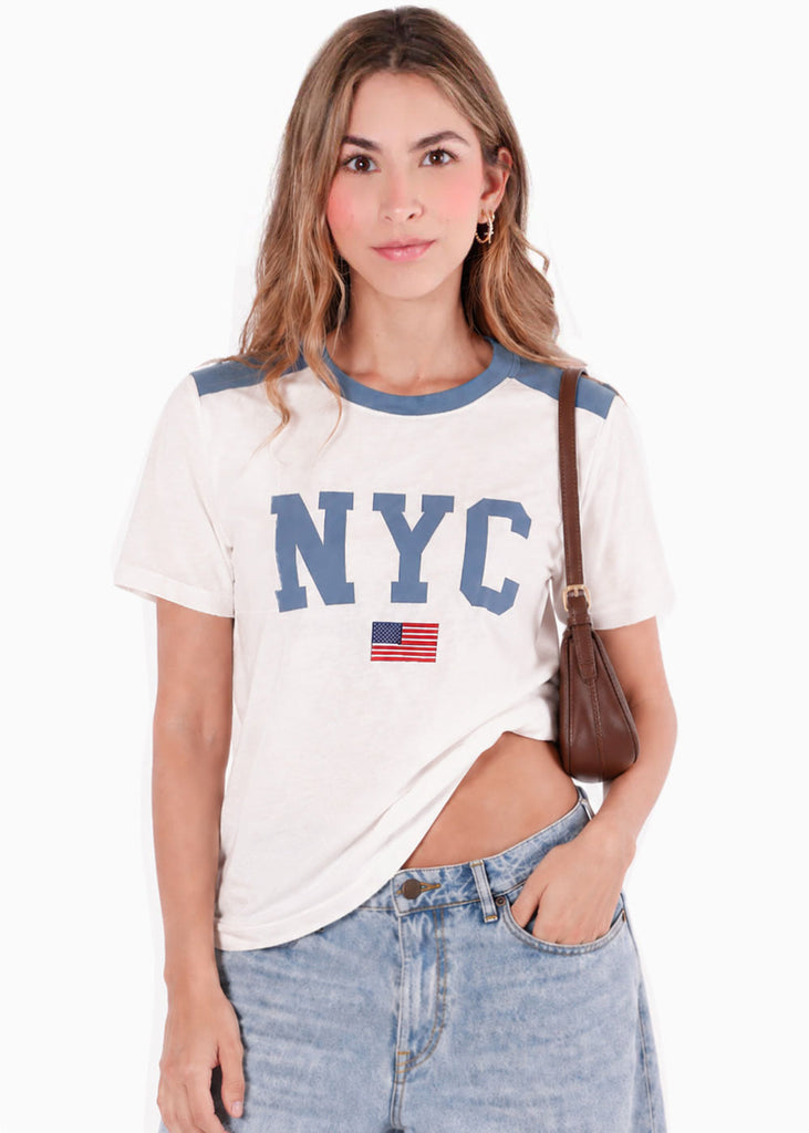 Camiseta estampada con cuello en contraste de color marfil - CORDOBA
