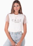 Camiseta estampada con mangas de encaje color blanco para mujer - Flashy