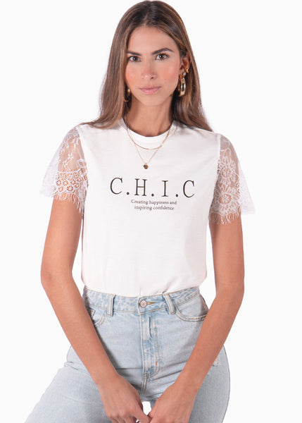 Camiseta estampada con mangas de encaje color blanco para mujer - Flashy
