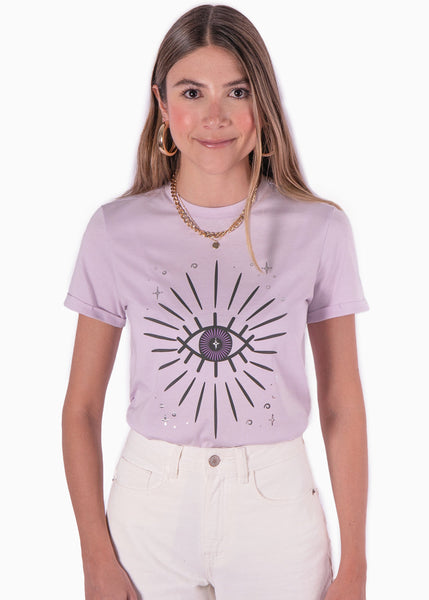 Camiseta estampada de ojo con estrellas color lila, morado para mujer - Flashy
