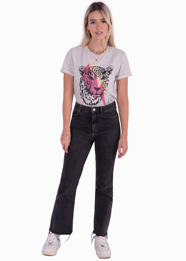 Camiseta estampada de tigre con rayo color gris para mujer - Flashy