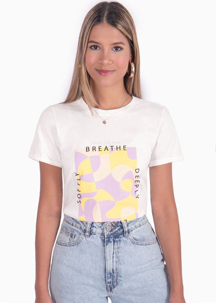 Camiseta estampada "Enjoy the now" color blanco, marfil para mujer - Flashy