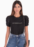 Camiseta estampada "Glamour" con recogido en mangas color negro para mujer - Flashy