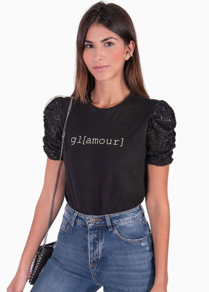 Camiseta estampada "Glamour" con recogido en mangas color negro para mujer - Flashy