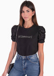 Camiseta estampada "Glamour" con recogido en mangas color negro para mujer - Flashy