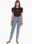 Camiseta estampada "Glamour" con recogido en mangas color negro para mujer - Flashy