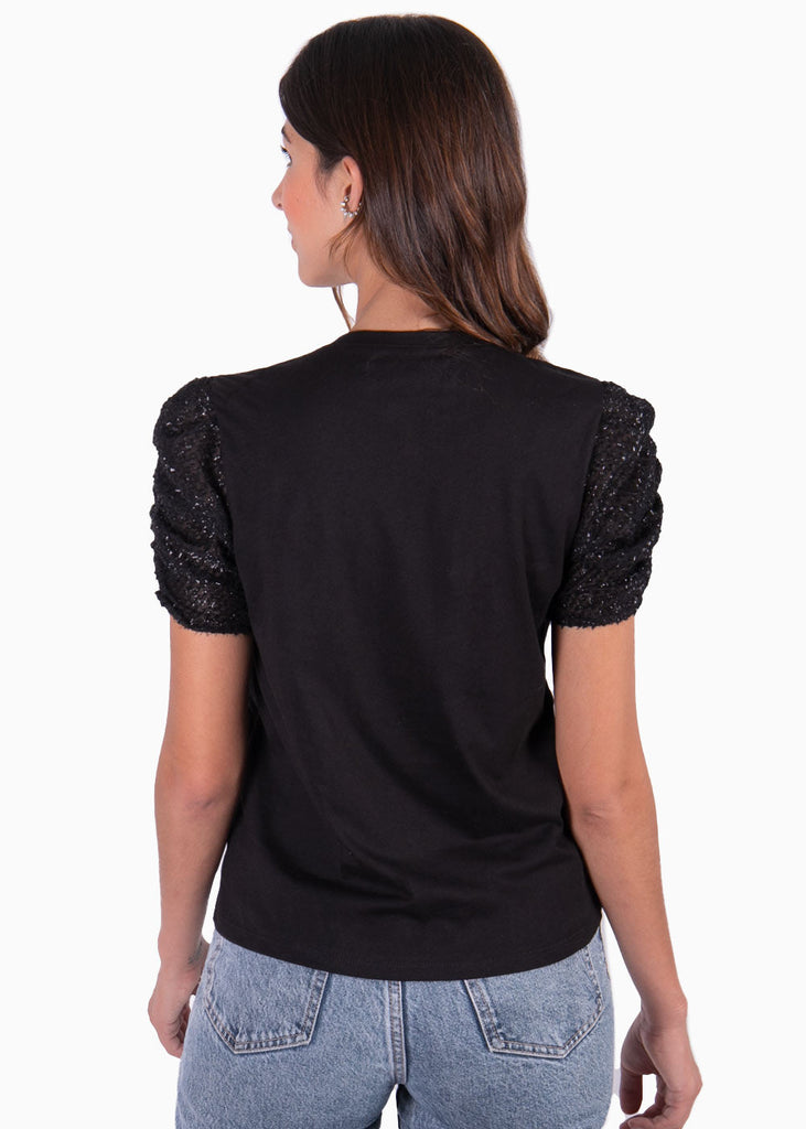 Camiseta estampada "Glamour" con recogido en mangas color negro para mujer - Flashy