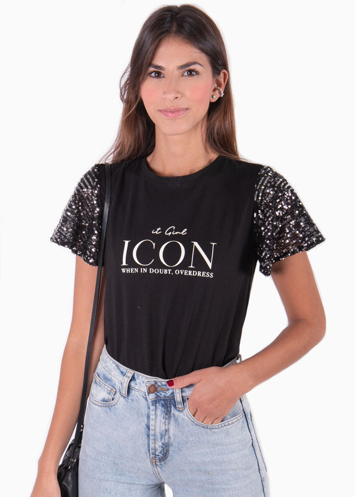 Camiseta estampada "ICON" con mangas en lentejuelas para mujer - Flashy