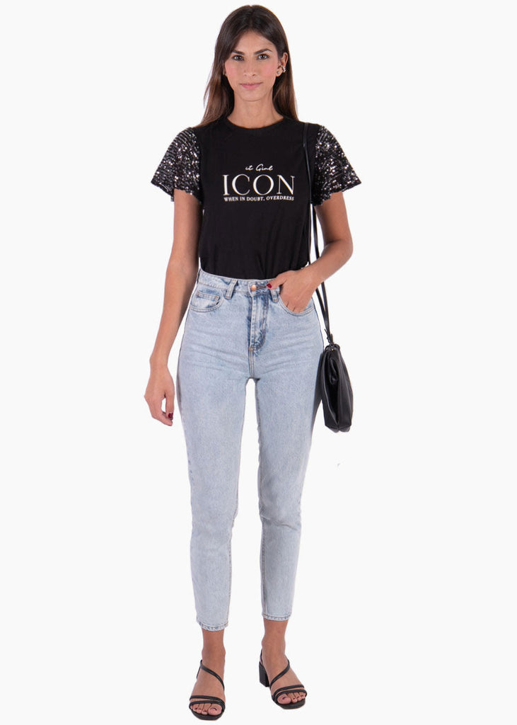 Camiseta estampada "ICON" con mangas en lentejuelas para mujer - Flashy