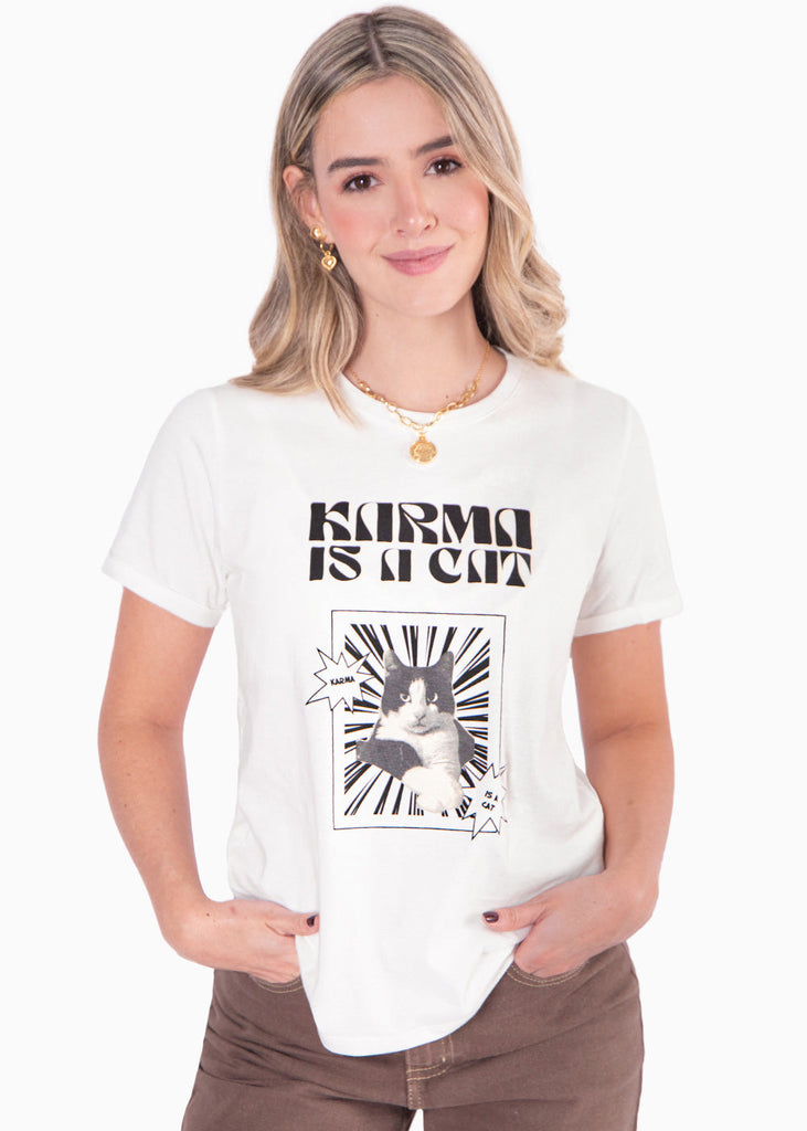 Camiseta estampada "Karma is a cat" color marfil, blanco para mujer - Flashy