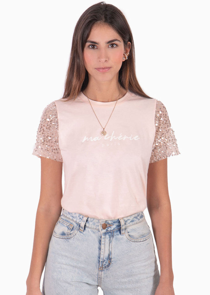 Camiseta estampada "ma cherie" con mangas en lentejuelas color rosado para mujer - Flashy