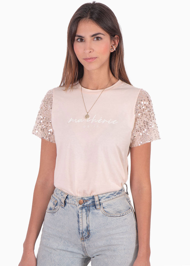 Camiseta estampada "ma cherie" con mangas en lentejuelas color rosado para mujer - Flashy