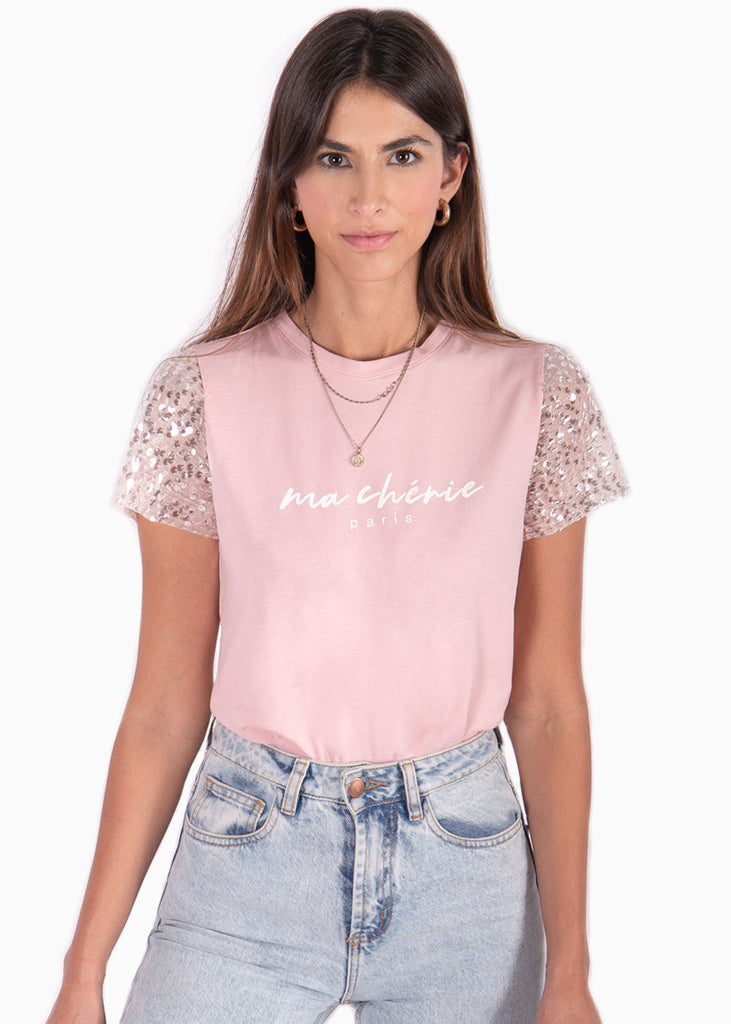Camiseta estampada "ma cherie" con mangas en lentejuelas color rosado para mujer - Flashy