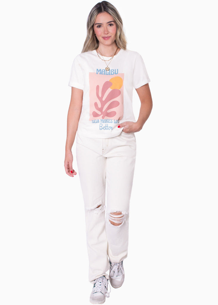 Camiseta estampada "Malibu, sea makes life better" color blanco, marfil para mujer - Flashy