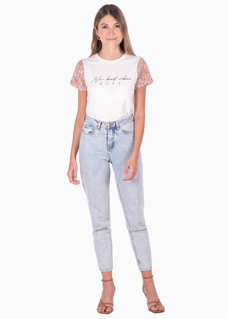 Camiseta estampada "No bad days" con mangas en lentejuelas para mujer - Flashy