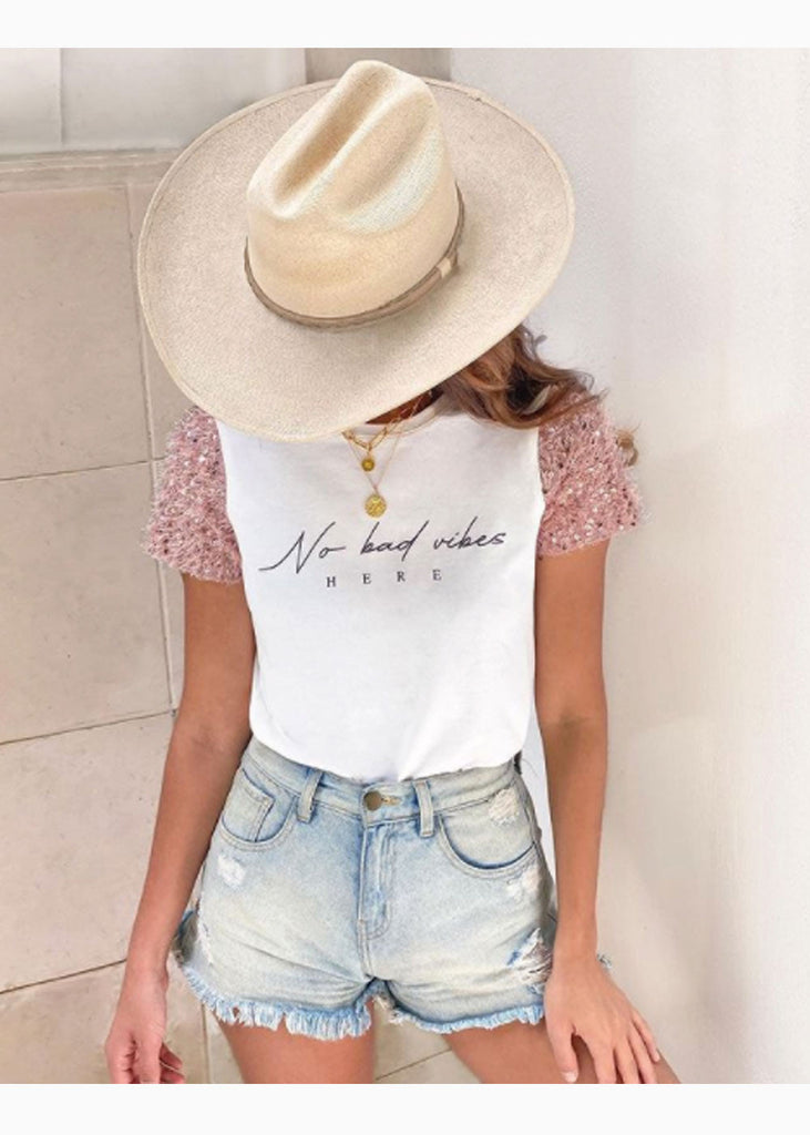 Camiseta estampada "No bad days" con mangas en lentejuelas para mujer - Flashy