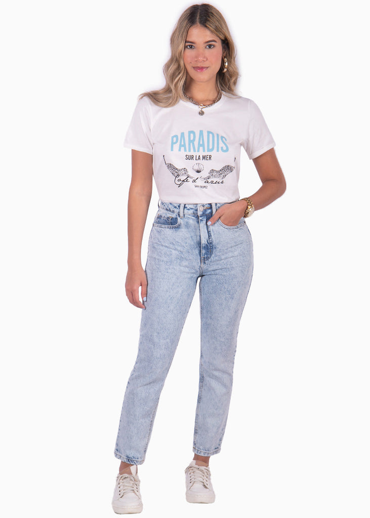 Camiseta estampada "Paradis sur la mer" color blanco, marfil para mujer - Flashy