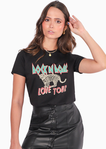 Camiseta estampada "Rock n Roll love tour" color negro para mujer - Flashy