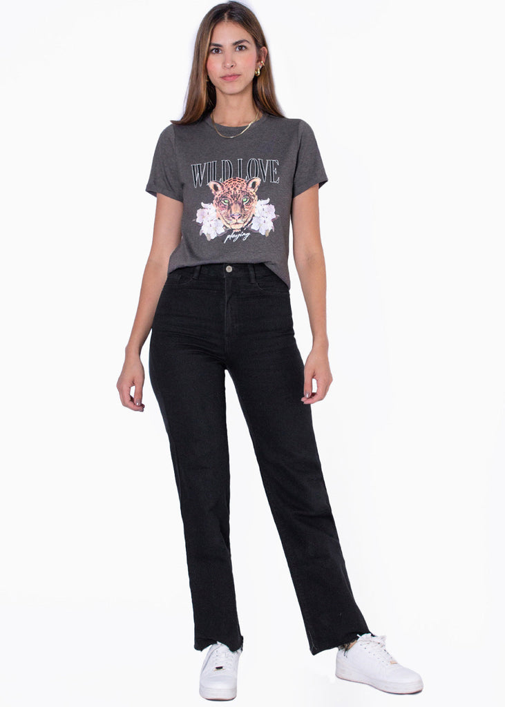 Camiseta estampada "Wild love, playing with fire" color gris para mujer - Flashy