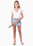 Camiseta con escote en v y mangas de encaje para mujer - Flashy
