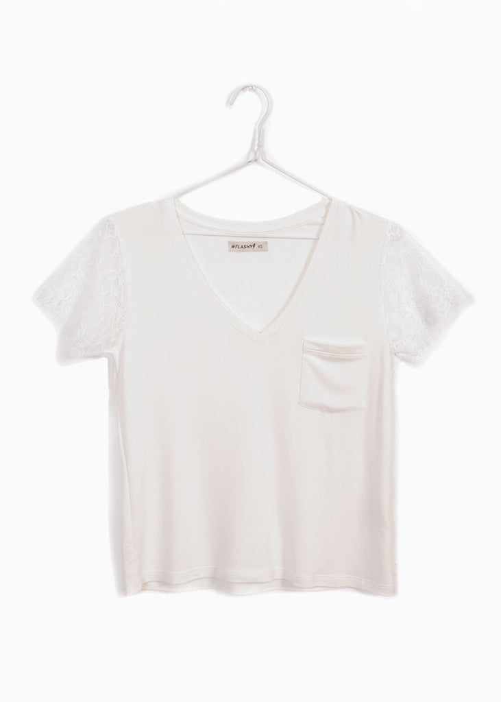 Camiseta con escote en v y mangas de encaje para mujer - Flashy