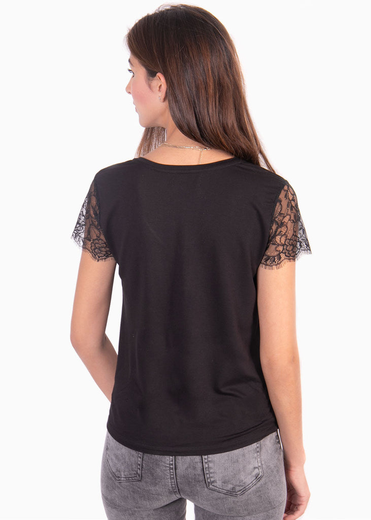 Camiseta con escote en v y mangas de encaje para mujer - Flashy