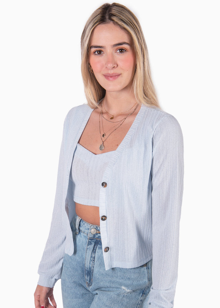 Cardigan manga larga tejido color azul para mujer - Flashy
