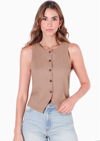 Chaleco con botones tipo sastre con cuello redondo color café para mujer - Flashy