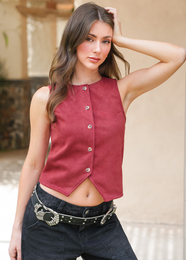 Chaleco con botones tipo sastre con cuello redondo y botones dorados color vino para mujer - Flashy