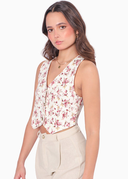 Chaleco corto con estampado de flores y botones color blanco, marfil para mujer - Flashy