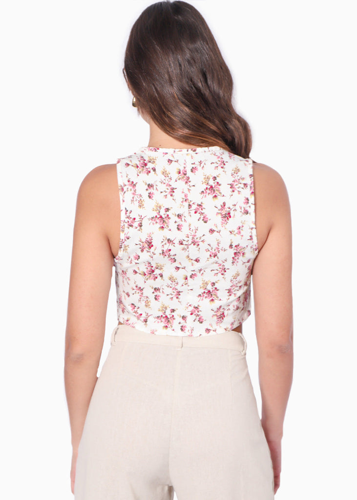 Chaleco corto con estampado de flores y botones color blanco, marfil para mujer - Flashy