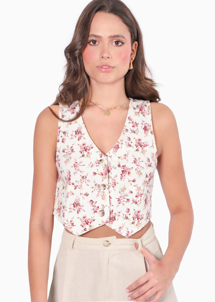 Chaleco corto con estampado de flores y botones color blanco, marfil para mujer - Flashy