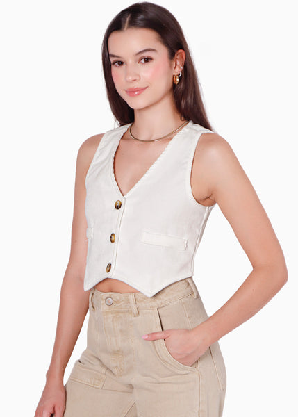 Chaleco corto de corduroy tipo sastre y con botones color blanco para mujer - Flashy